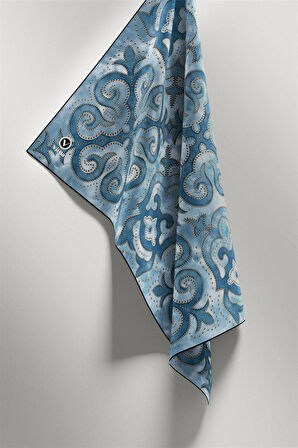 Twill Barok Desenli Petrol Mavisi Renkli 90x90 Eşarp (İpek İçermez) Kenar Dikiş Şekli El Dikişli