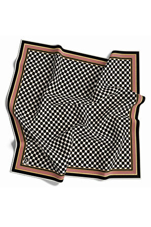 Twill Siyah - Beyaz Kareli Desenli Pudra Renkli 90x90 Eşarp (İpek İçermez) Kenar Dikiş Şekli El Dikişli