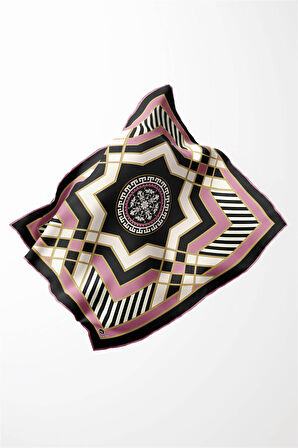 Twill Gold Detaylı Çizgili Desenli Pembe Renkli 90x90 Eşarp (İpek İçermez) Kenar Dikiş Şekli El Dikişli