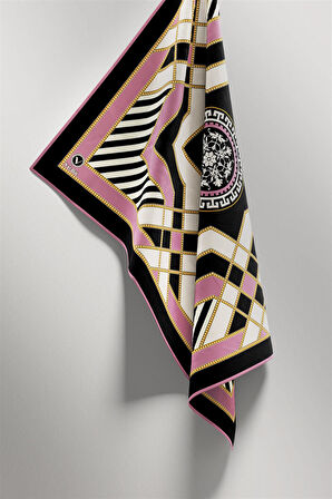Twill Gold Detaylı Çizgili Desenli Pembe Renkli 90x90 Eşarp (İpek İçermez) Kenar Dikiş Şekli El Dikişli