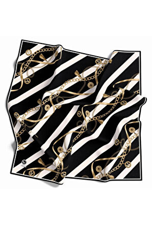 Twill Çizgili Kemer ve Zinci Desenli Siyah Renkli 90x90 Eşarp (İpek İçermez) Kenar Dikiş Şekli El Dikişli