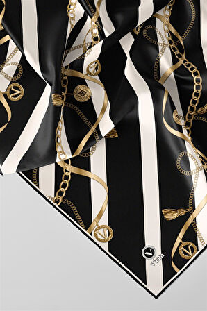 Twill Çizgili Kemer ve Zinci Desenli Siyah Renkli 90x90 Eşarp (İpek İçermez) Kenar Dikiş Şekli El Dikişli