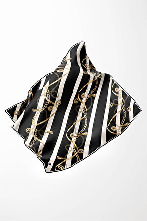 Twill Çizgili Kemer ve Zinci Desenli Siyah Renkli 90x90 Eşarp (İpek İçermez) Kenar Dikiş Şekli El Dikişli