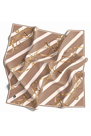 Twill Çizgili Kemer ve Zinci Desenli Vizon Renkli 90x90 Eşarp (İpek İçermez) Kenar Dikiş Şekli El Dikişli