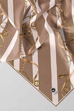 Twill Çizgili Kemer ve Zinci Desenli Vizon Renkli 90x90 Eşarp (İpek İçermez) Kenar Dikiş Şekli El Dikişli