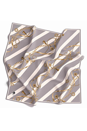 Twill Çizgili Kemer ve Zinci Desenli Gri Renkli 90x90 Eşarp (İpek İçermez) Kenar Dikiş Şekli El Dikişli