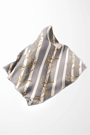 Twill Çizgili Kemer ve Zinci Desenli Gri Renkli 90x90 Eşarp (İpek İçermez) Kenar Dikiş Şekli El Dikişli