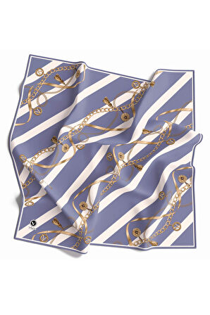 Twill Çizgili Kemer ve Zinci Desenli Bebe Mavisi Renkli 90x90 Eşarp (İpek İçermez) Kenar Dikiş Şekli El Dikişli