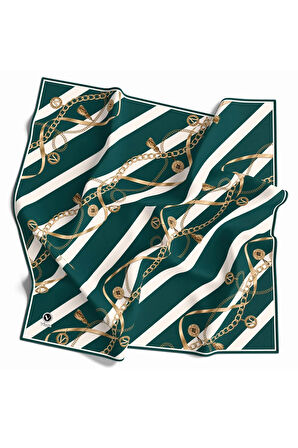 Twill Çizgili Kemer ve Zinci Desenli Petrol Yeşili Renkli 90x90 Eşarp (İpek İçermez) Kenar Dikiş Şekli El Dikişli