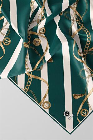 Twill Çizgili Kemer ve Zinci Desenli Petrol Yeşili Renkli 90x90 Eşarp (İpek İçermez) Kenar Dikiş Şekli El Dikişli