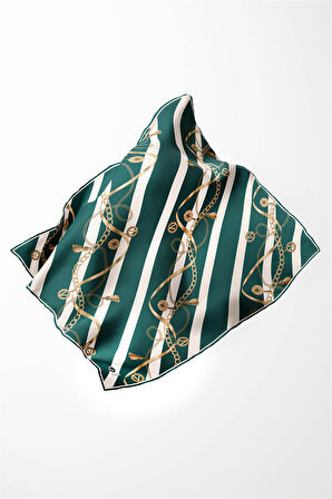 Twill Çizgili Kemer ve Zinci Desenli Petrol Yeşili Renkli 90x90 Eşarp (İpek İçermez) Kenar Dikiş Şekli El Dikişli