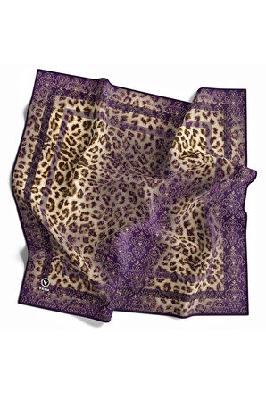 Twill Leopar Desenli Mor Renkli 90x90 Eşarp (İpek İçermez) Kenar Dikiş Şekli El Dikişli