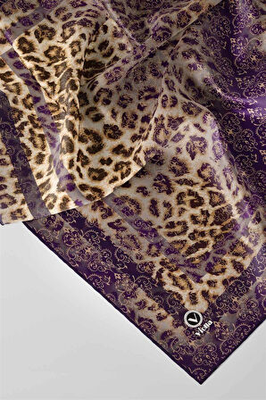 Twill Leopar Desenli Mor Renkli 90x90 Eşarp (İpek İçermez) Kenar Dikiş Şekli El Dikişli