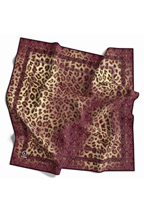 Twill Leopar Desenli Mürdüm Renkli 90x90 Eşarp (İpek İçermez) Kenar Dikiş Şekli El Dikişli
