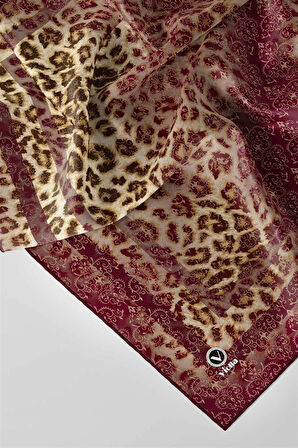 Twill Leopar Desenli Mürdüm Renkli 90x90 Eşarp (İpek İçermez) Kenar Dikiş Şekli El Dikişli