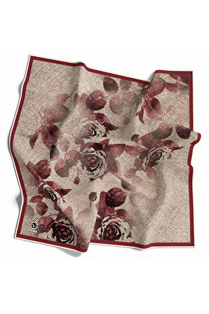 Twill Gül Desenli Bordo Renkli 90x90 Eşarp (İpek İçermez) Kenar Dikiş Şekli El Dikişli