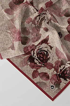 Twill Gül Desenli Bordo Renkli 90x90 Eşarp (İpek İçermez) Kenar Dikiş Şekli El Dikişli