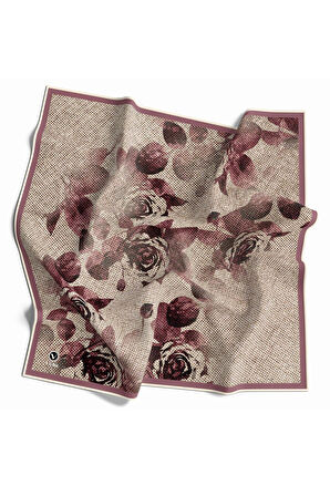 Twill Gül Desenli Pudra Renkli 90x90 Eşarp (İpek İçermez) Kenar Dikiş Şekli El Dikişli