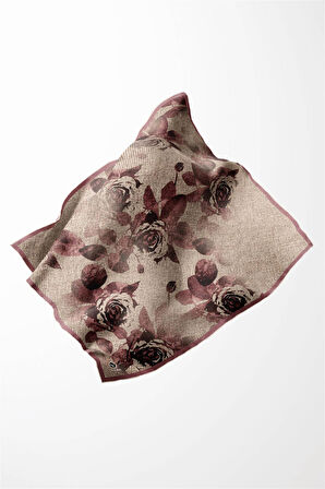 Twill Gül Desenli Pudra Renkli 90x90 Eşarp (İpek İçermez) Kenar Dikiş Şekli El Dikişli