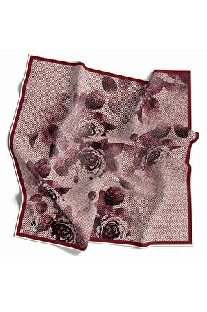 Twill Gül Desenli Pembe Renkli 90x90 Eşarp (İpek İçermez) Kenar Dikiş Şekli El Dikişli