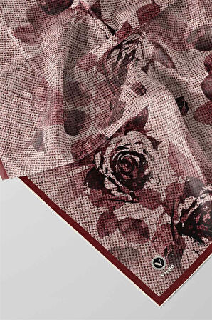 Twill Gül Desenli Pembe Renkli 90x90 Eşarp (İpek İçermez) Kenar Dikiş Şekli El Dikişli