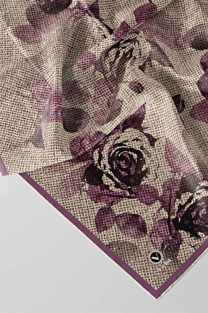 Twill Gül Desenli Mürdüm Renkli 90x90 Eşarp (İpek İçermez) Kenar Dikiş Şekli El Dikişli