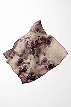Twill Gül Desenli Mürdüm Renkli 90x90 Eşarp (İpek İçermez) Kenar Dikiş Şekli El Dikişli