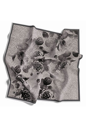 Twill Gül Desenli Gri Renkli 90x90 Eşarp (İpek İçermez) Kenar Dikiş Şekli El Dikişli