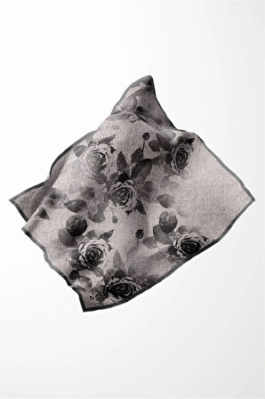 Twill Gül Desenli Gri Renkli 90x90 Eşarp (İpek İçermez) Kenar Dikiş Şekli El Dikişli
