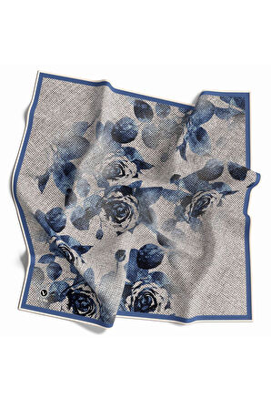 Twill Gül Desenli Bebe Mavisi Renkli 90x90 Eşarp (İpek İçermez) Kenar Dikiş Şekli El Dikişli
