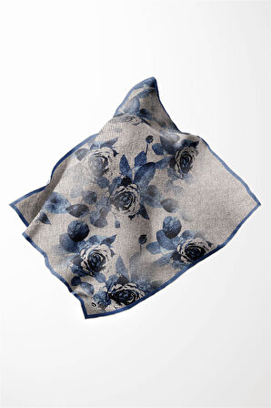 Twill Gül Desenli Bebe Mavisi Renkli 90x90 Eşarp (İpek İçermez) Kenar Dikiş Şekli El Dikişli