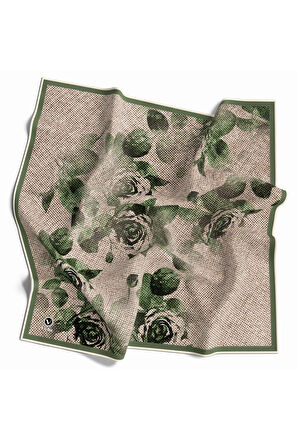 Twill Gül Desenli Zümrüt Yeşili Renkli 90x90 Eşarp (İpek İçermez) Kenar Dikiş Şekli El Dikişli