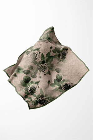 Twill Gül Desenli Zümrüt Yeşili Renkli 90x90 Eşarp (İpek İçermez) Kenar Dikiş Şekli El Dikişli