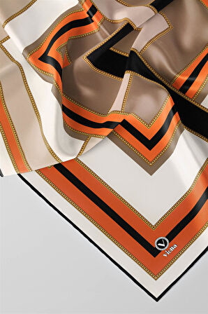 Twill Çerçeve Desenli Siyah - Taba Renkli 90x90 Eşarp (İpek İçermez) Kenar Dikiş Şekli El Dikişli