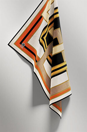 Twill Çerçeve Desenli Hardal - Siyah Renkli 90x90 Eşarp (İpek İçermez) Kenar Dikiş Şekli El Dikişli