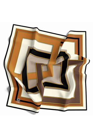 Twill Çerçeve Desenli Taba - Siyah Renkli 90x90 Eşarp (İpek İçermez) Kenar Dikiş Şekli El Dikişli