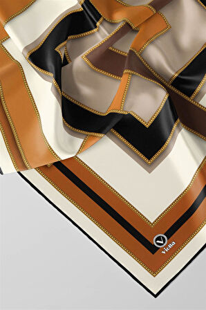 Twill Çerçeve Desenli Taba - Siyah Renkli 90x90 Eşarp (İpek İçermez) Kenar Dikiş Şekli El Dikişli