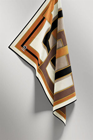 Twill Çerçeve Desenli Taba - Siyah Renkli 90x90 Eşarp (İpek İçermez) Kenar Dikiş Şekli El Dikişli