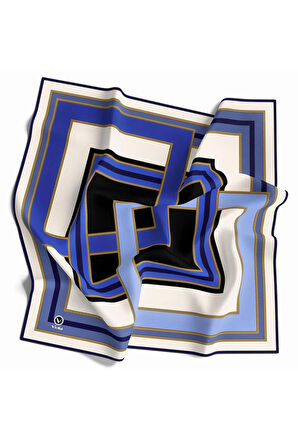 Twill Çerçeve Desenli Saks - Lacivert Renkli 90x90 Eşarp (İpek İçermez) Kenar Dikiş Şekli El Dikişli