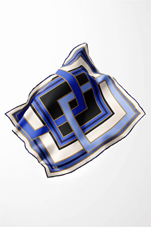 Twill Çerçeve Desenli Saks - Lacivert Renkli 90x90 Eşarp (İpek İçermez) Kenar Dikiş Şekli El Dikişli