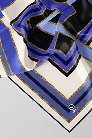 Twill Çerçeve Desenli Saks - Lacivert Renkli 90x90 Eşarp (İpek İçermez) Kenar Dikiş Şekli El Dikişli