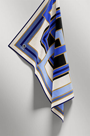 Twill Çerçeve Desenli Saks - Lacivert Renkli 90x90 Eşarp (İpek İçermez) Kenar Dikiş Şekli El Dikişli