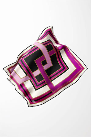 Twill Çerçeve Desenli Mürdüm - Siyah Renkli 90x90 Eşarp (İpek İçermez) Kenar Dikiş Şekli El Dikişli