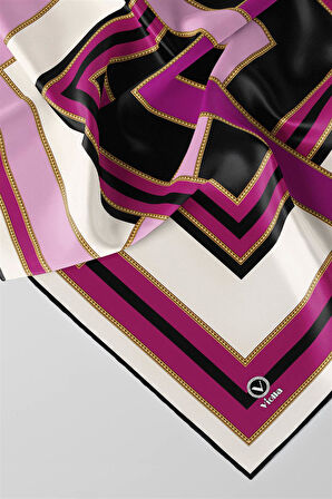 Twill Çerçeve Desenli Mürdüm - Siyah Renkli 90x90 Eşarp (İpek İçermez) Kenar Dikiş Şekli El Dikişli