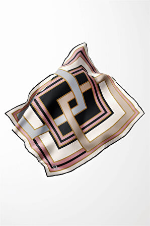 Twill Çerçeve Desenli Gri - Pudra Renkli 90x90 Eşarp (İpek İçermez) Kenar Dikiş Şekli El Dikişli