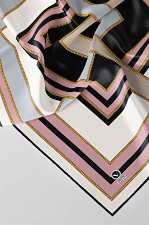 Twill Çerçeve Desenli Gri - Pudra Renkli 90x90 Eşarp (İpek İçermez) Kenar Dikiş Şekli El Dikişli