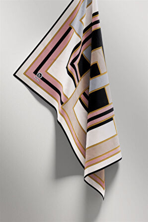 Twill Çerçeve Desenli Gri - Pudra Renkli 90x90 Eşarp (İpek İçermez) Kenar Dikiş Şekli El Dikişli