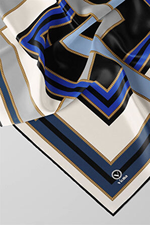 Twill Çerçeve Desenli İndigo Renkli 90x90 Eşarp (İpek İçermez) Kenar Dikiş Şekli El Dikişli