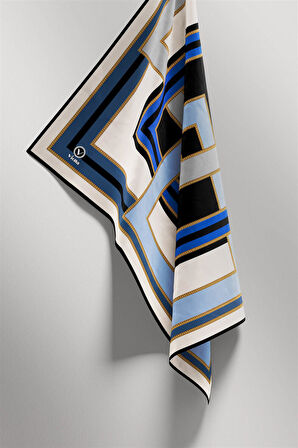 Twill Çerçeve Desenli İndigo Renkli 90x90 Eşarp (İpek İçermez) Kenar Dikiş Şekli El Dikişli