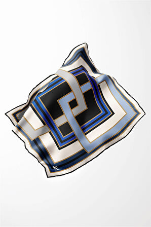 Twill Çerçeve Desenli İndigo Renkli 90x90 Eşarp (İpek İçermez) Kenar Dikiş Şekli El Dikişli